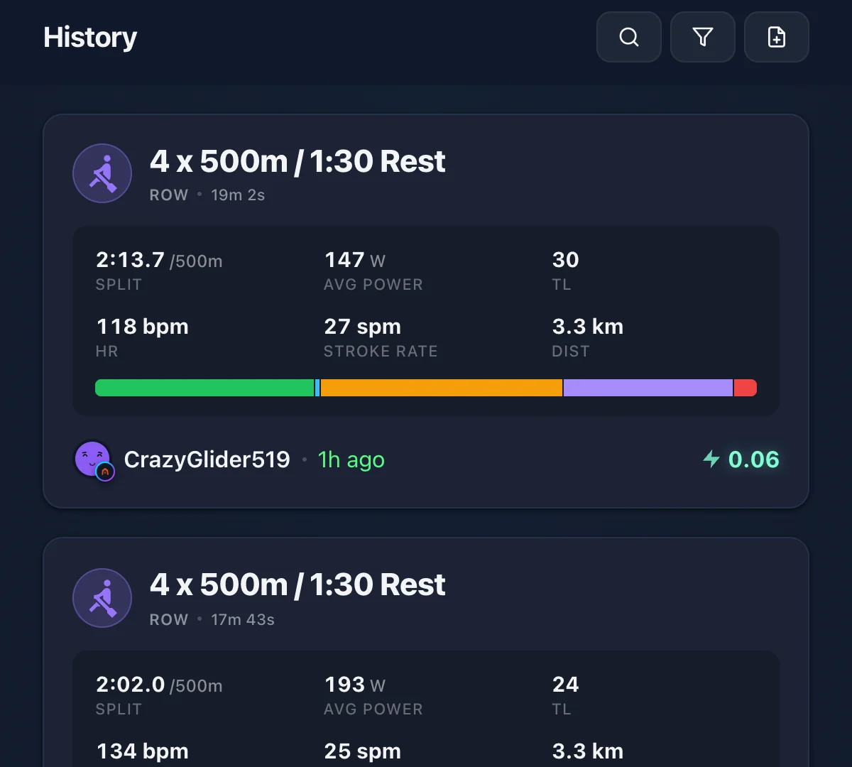 Recent rows in Ride Cave History with split, power, and stroke rate