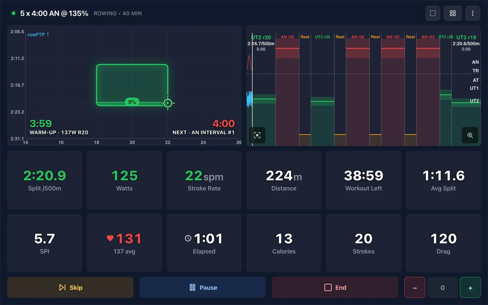 Rowing on Ride Cave with live split, watts, and stroke rate