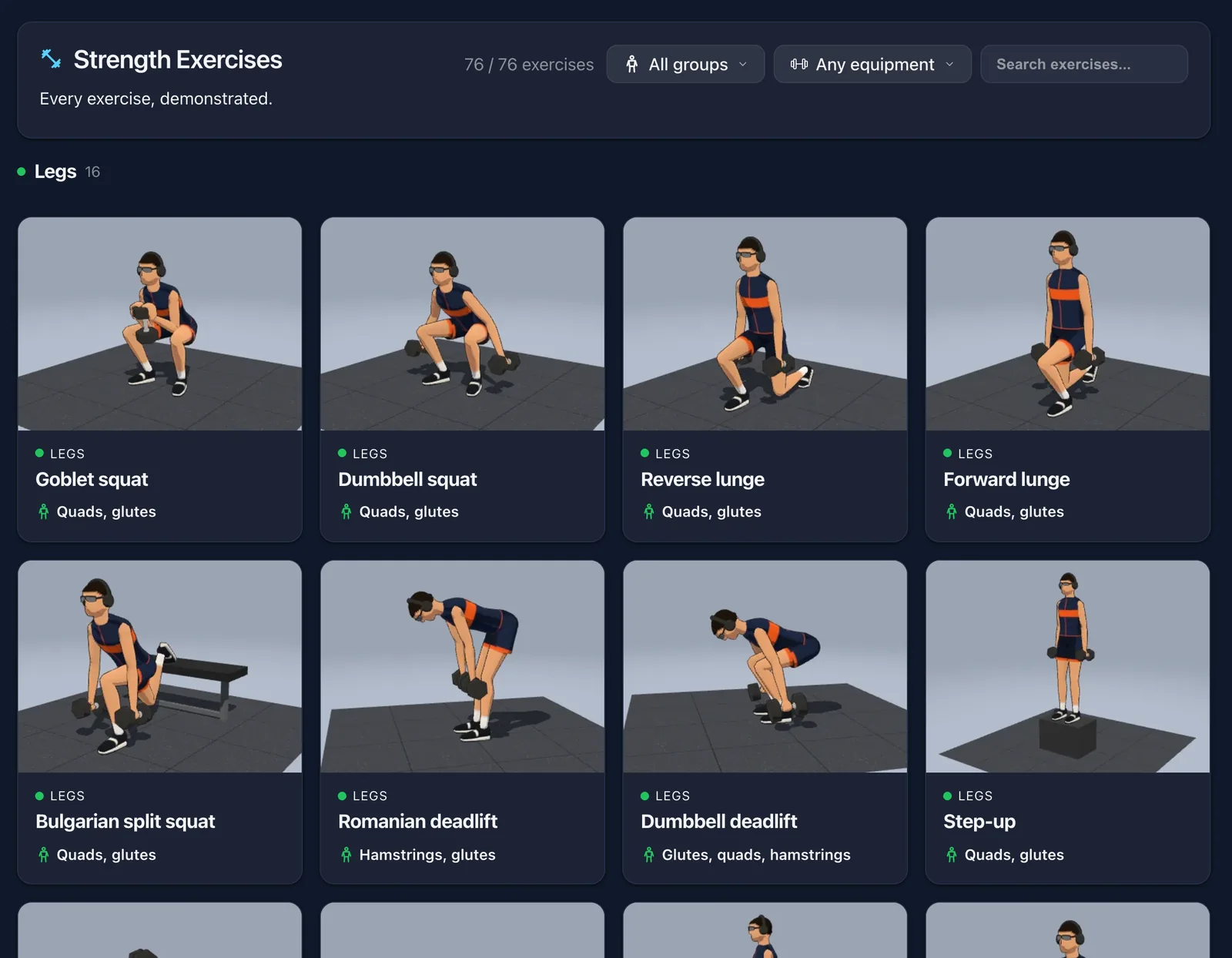 The Exercises page in Ride Cave: a grid of exercises, each demonstrated by the 3D athlete, with the main muscles worked