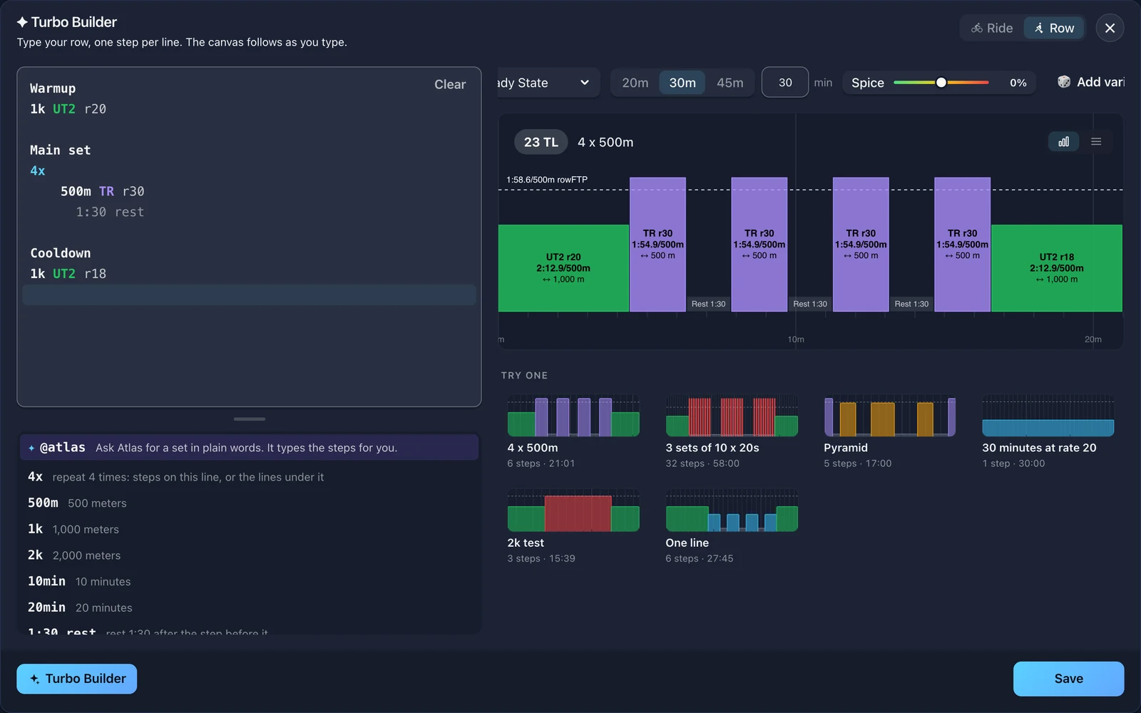 A rowing workout typed line by line in Turbo Builder, with the workout chart built from it