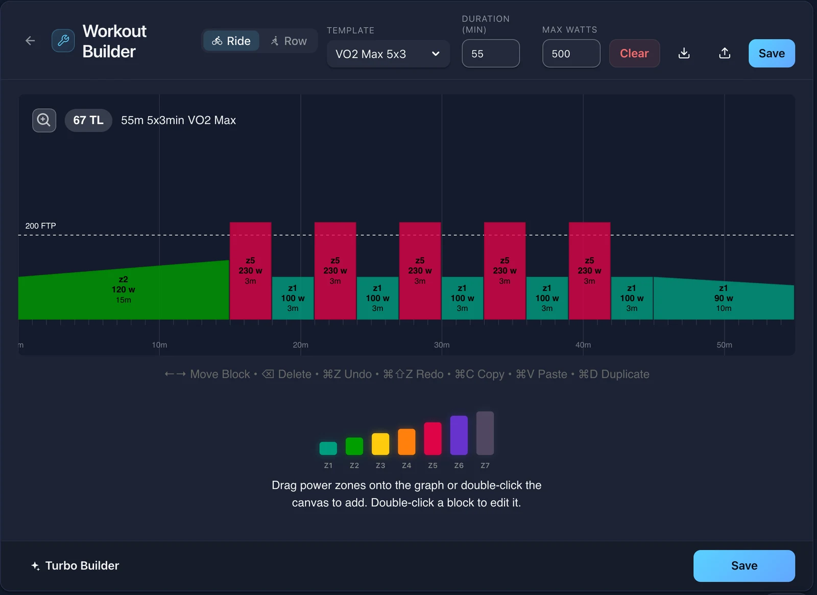 A 5x3 minute VO2 max workout on the Ride Cave workout builder canvas, with the power zone palette below