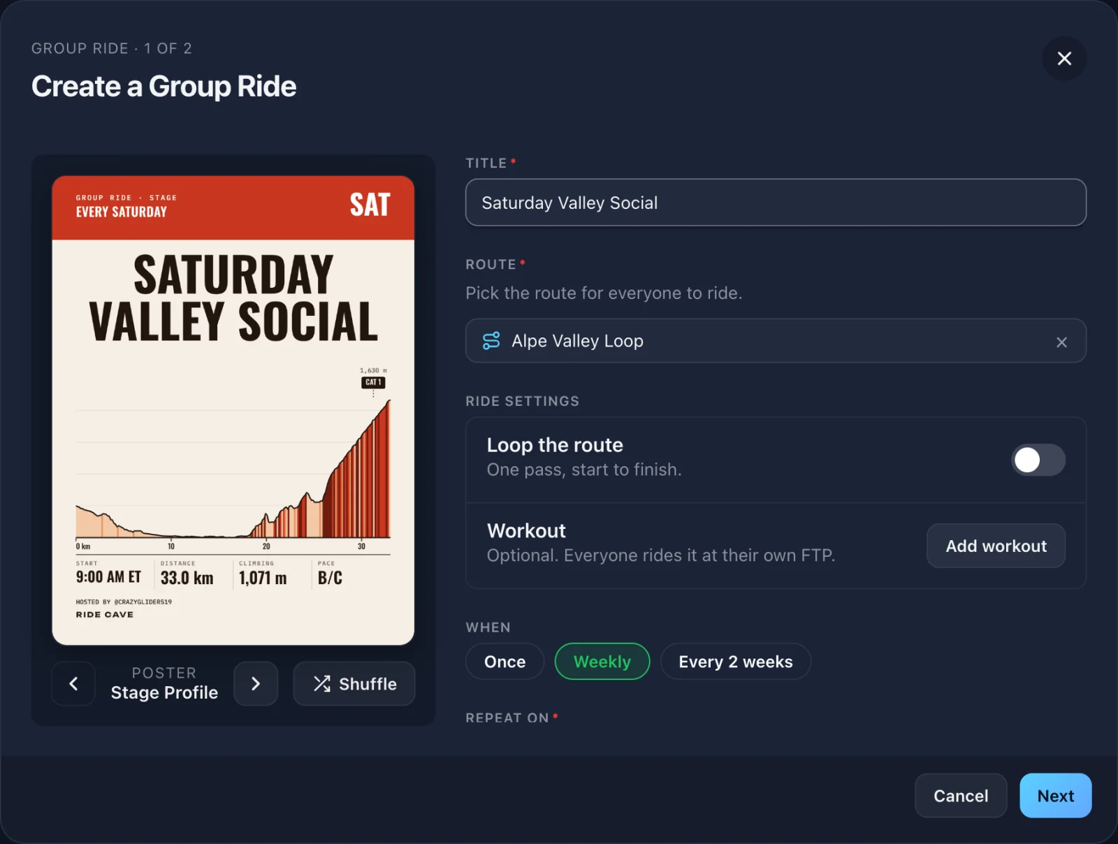 The Create a Group Ride form with a live poster preview