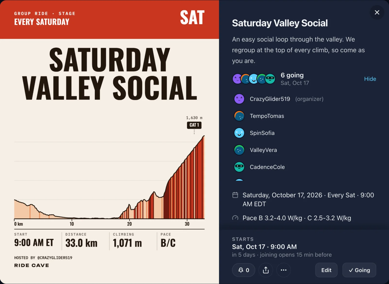A Group Ride page with its poster, six riders going, and the start time