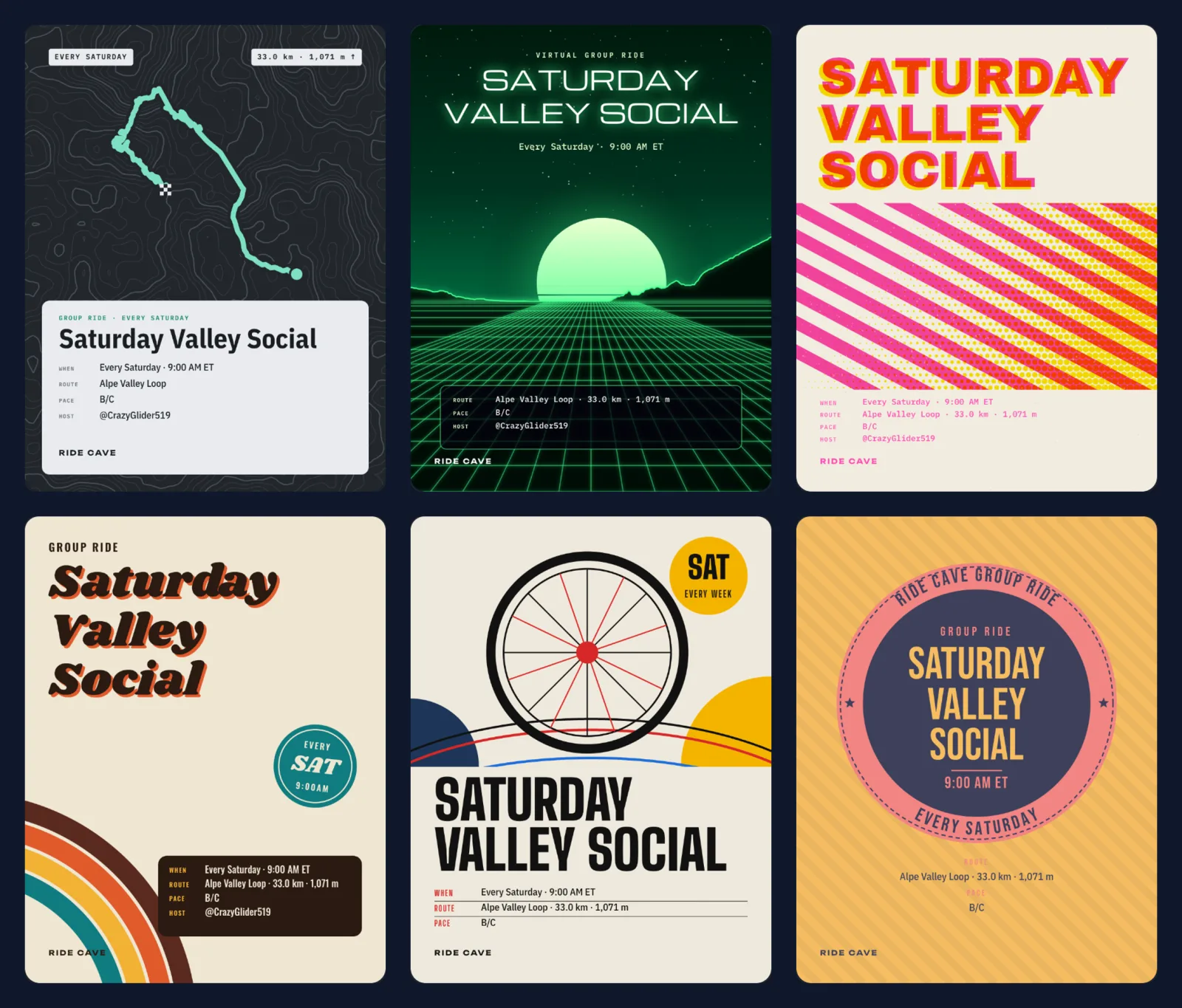 Six poster designs for the same Group Ride