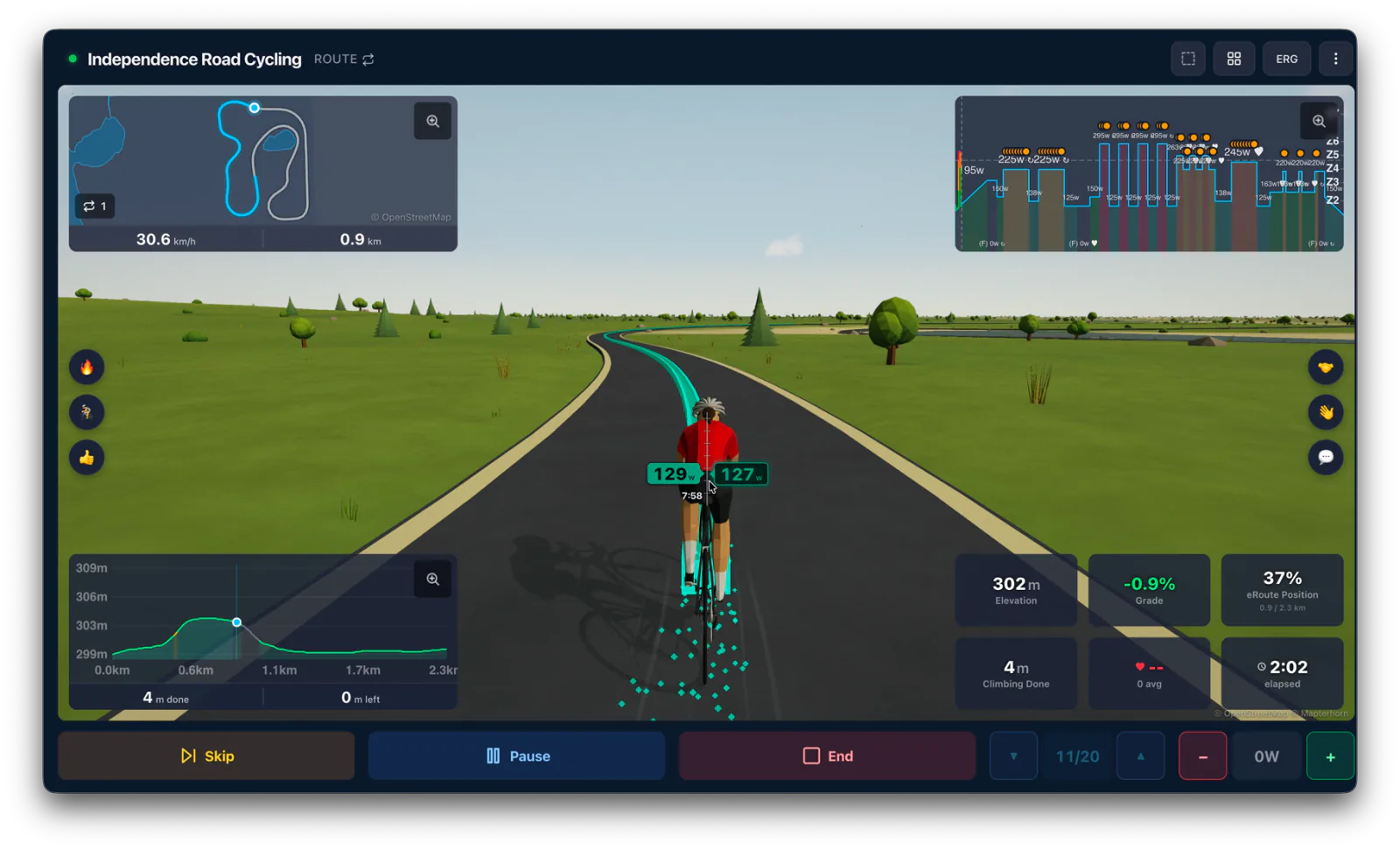 An Immersive Workout on a 3D eRoute, with the target line on the road, route map, interval chart, and live data