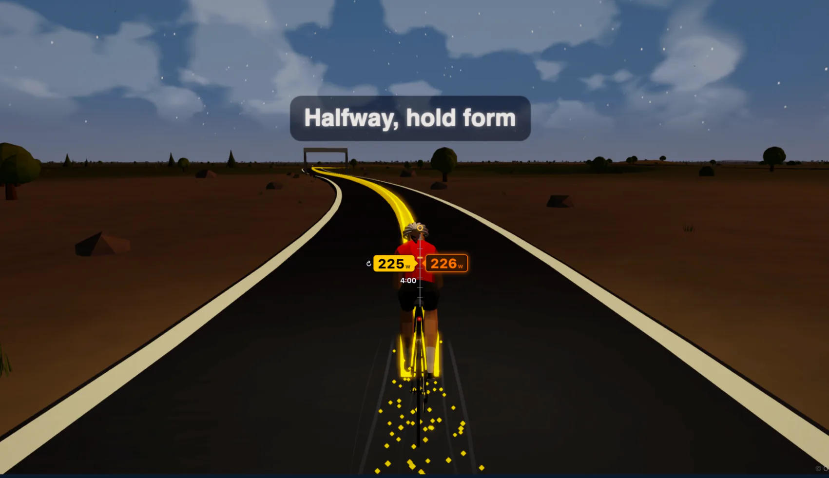 Immersive Workouts in Ride Cave: a structured workout rendered on the road ahead in the 3D world