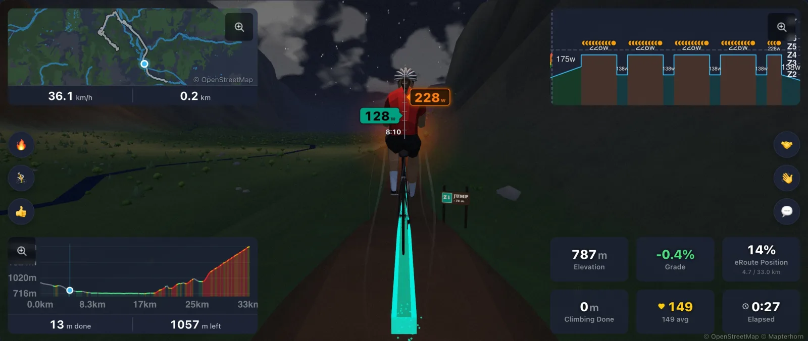 A rider at night with a workout painted on the trail and a jump sign ahead