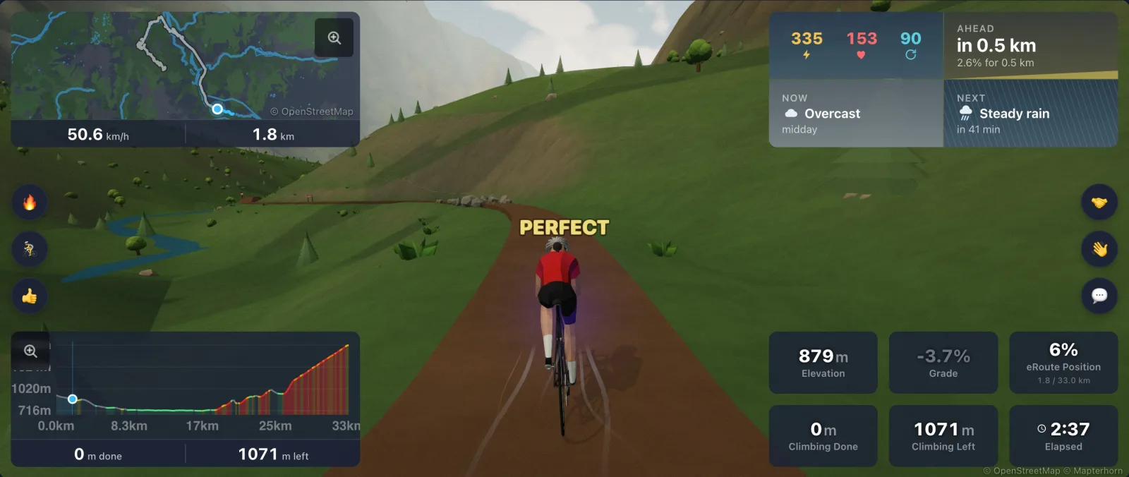 A rider landing a jump with PERFECT shown above them
