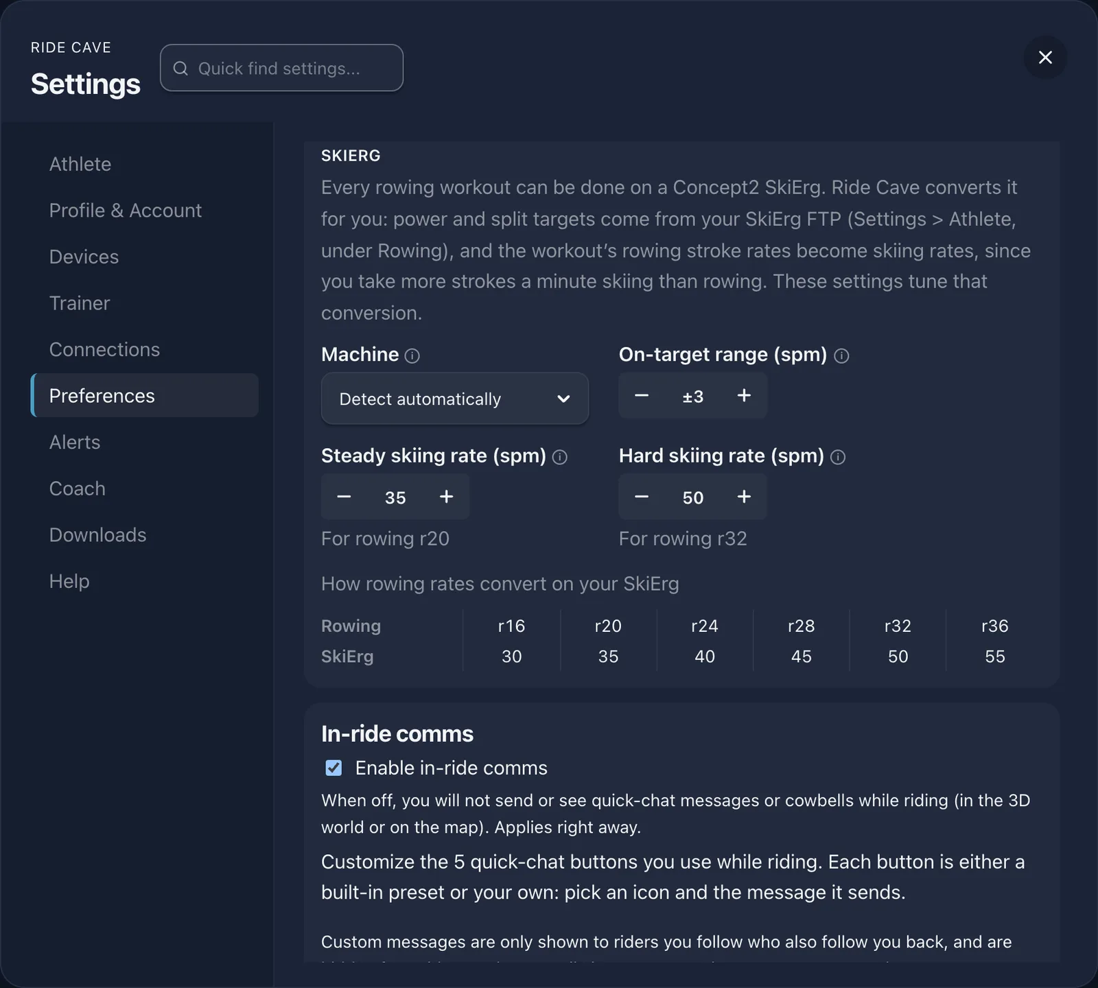 The SkiErg settings in Ride Cave: machine, on target range, steady and hard skiing rates, and how rowing rates convert
