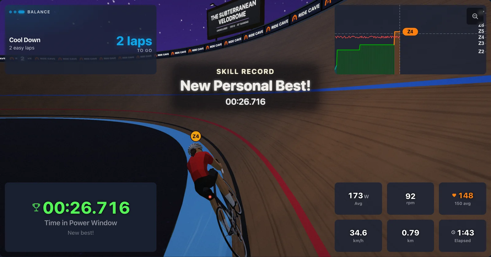 The skill radio calling New Personal Best in the Balance skill on a 3D velodrome at night