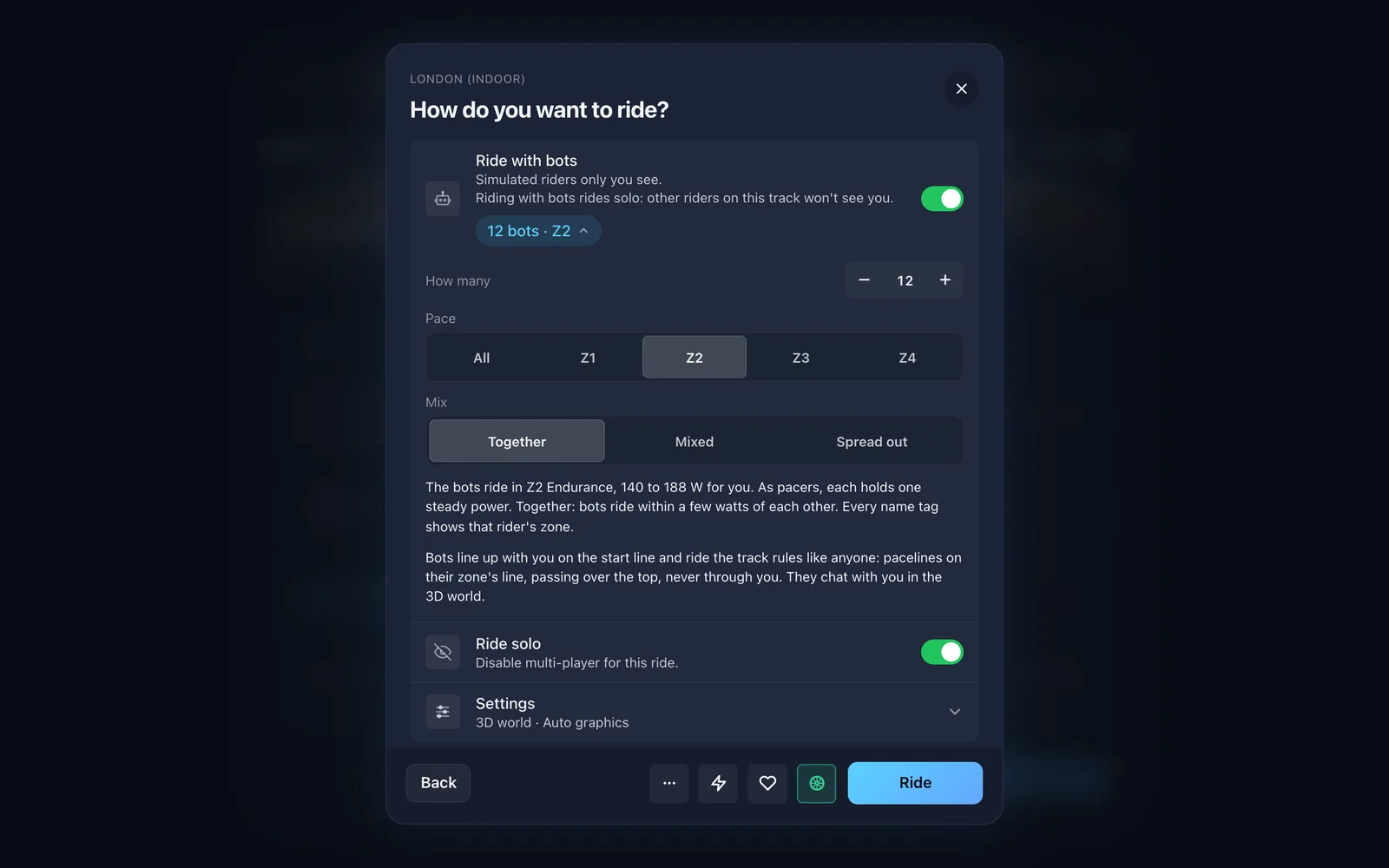 Setting up a track free ride with Ride with bots on: 12 bots, Z2 pace, riding together