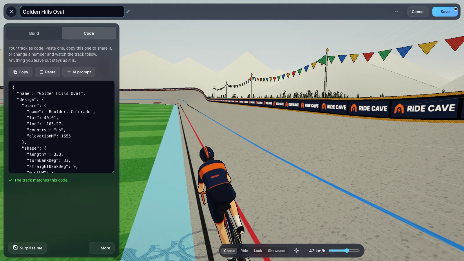 The Track Builder's code view: a track as JSON beside the 3D track it builds