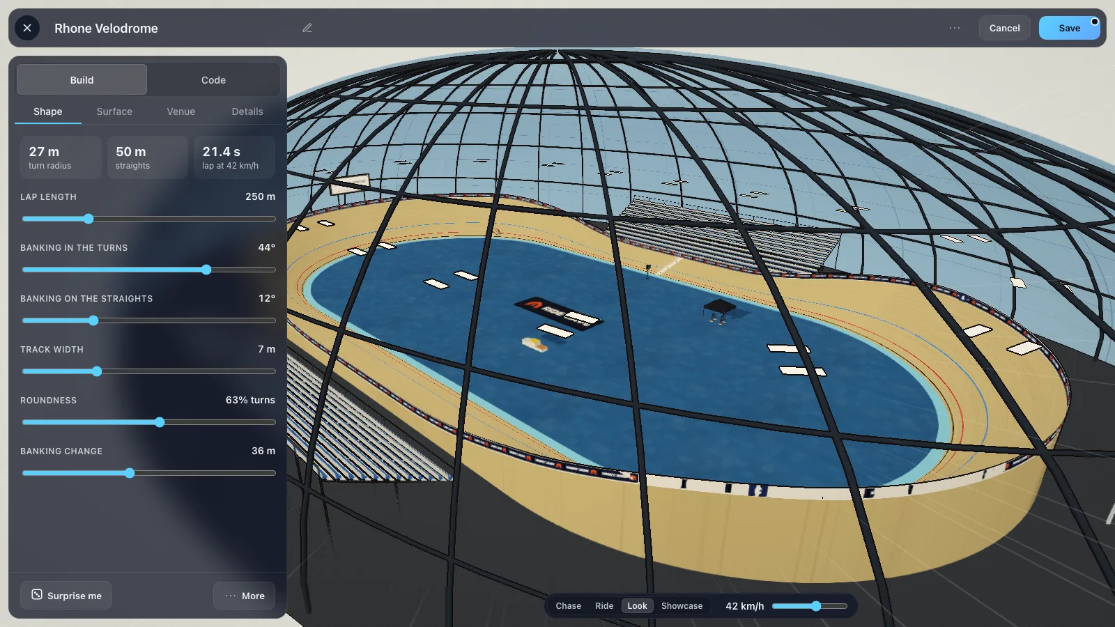 The Ride Cave Track Builder: a 3D velodrome with a rider lapping it and the Build panel open