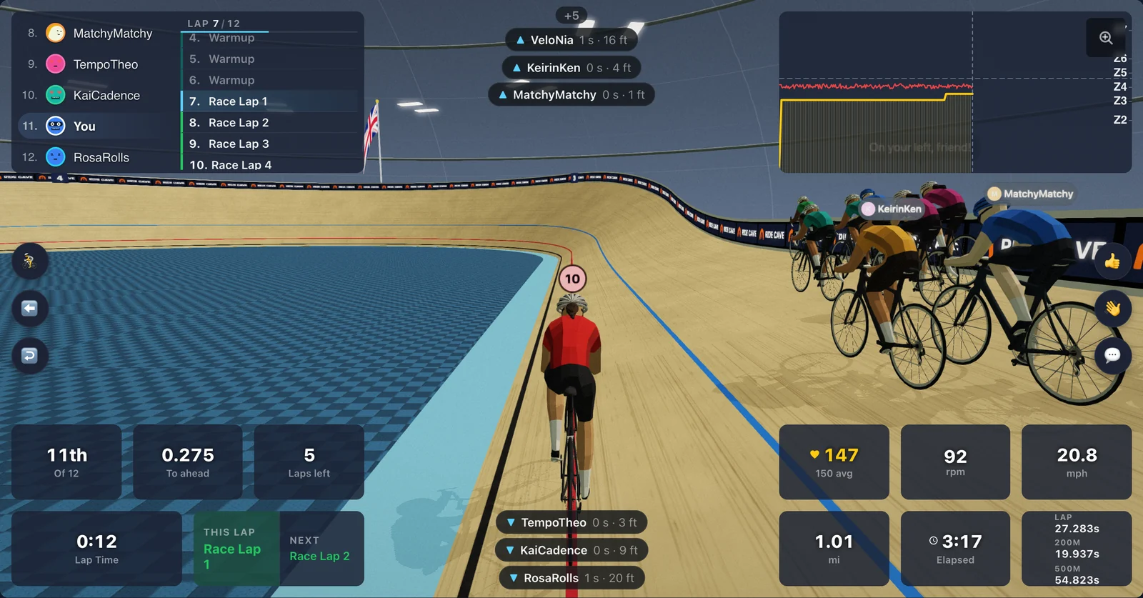 Riders sweeping past on the banking in a live Group Race, with the other riders named on the leaderboard
