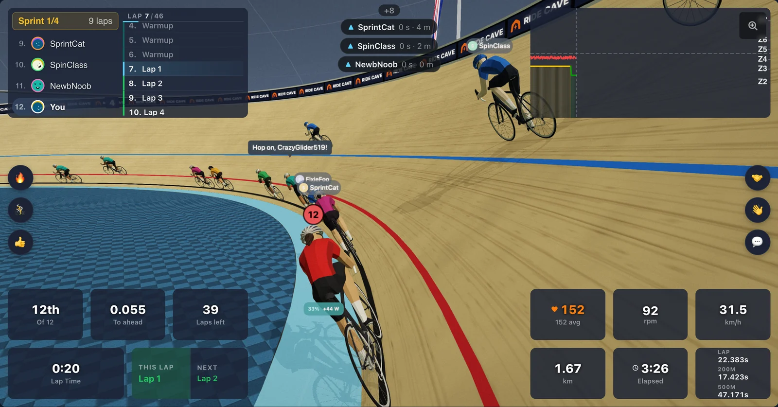 A bunch of 3D riders racing round the banking of an indoor velodrome
