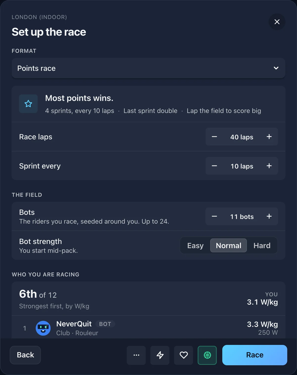 The Set up the race step with the format, bots, bot strength and the field you are racing