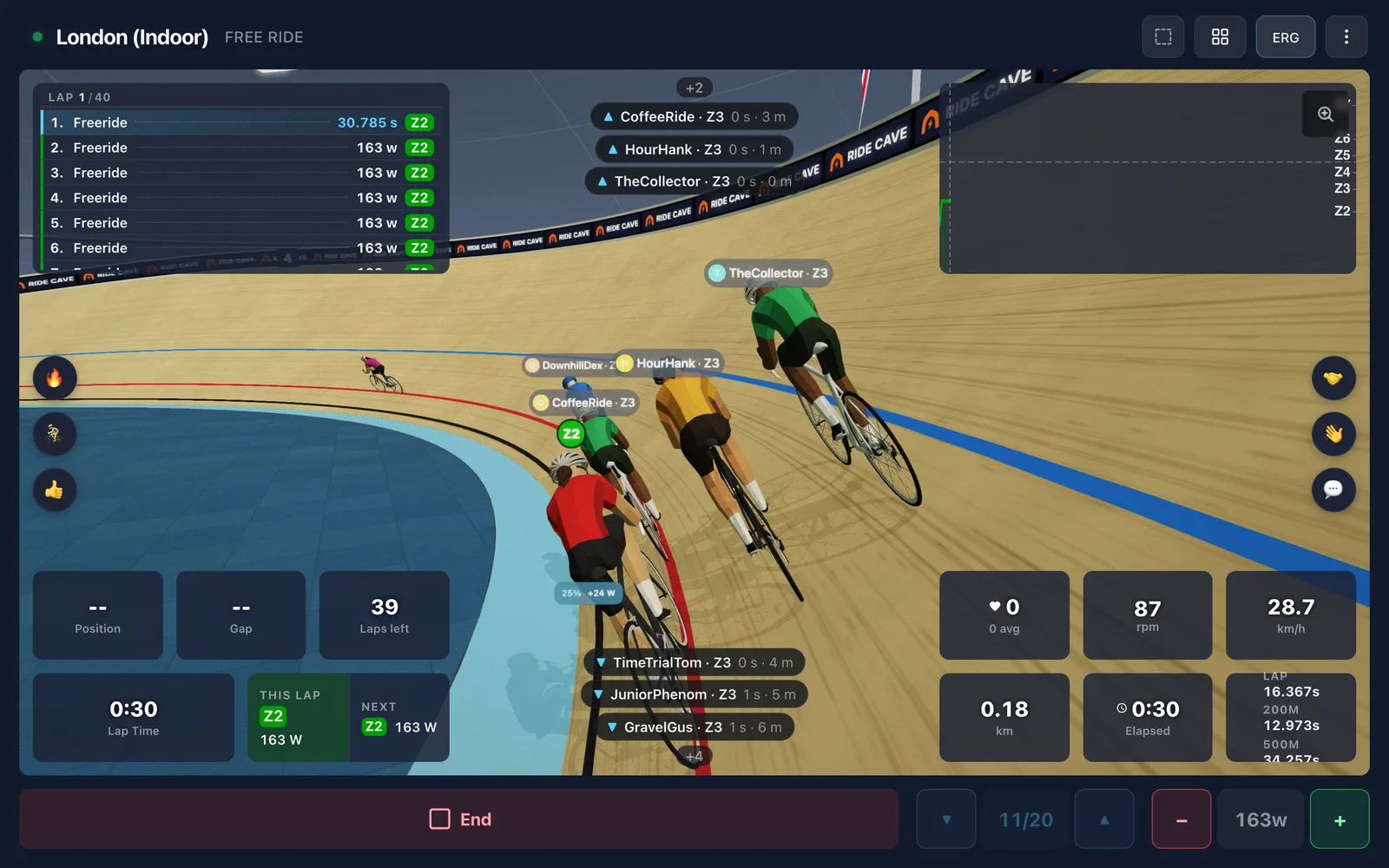 Bots passing over the top of a rider on the banking of a 3D velodrome