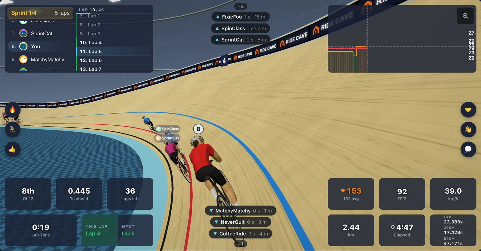 Riders on the banking of a 3D indoor velodrome with lap and race data in the corners